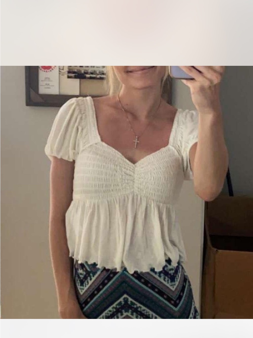 Smocked Square-Neck Peasant Top - White